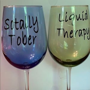 Green and blue wine glasses, brand new